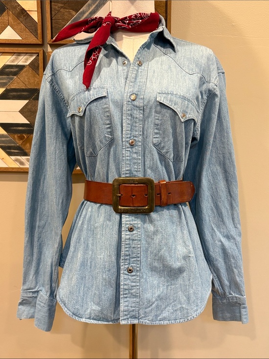 Ralph Lauren Tops - Vintage Ralph Lauren Western 80s Light Blue Denim Silver Snap Top size 8 *As-Is*